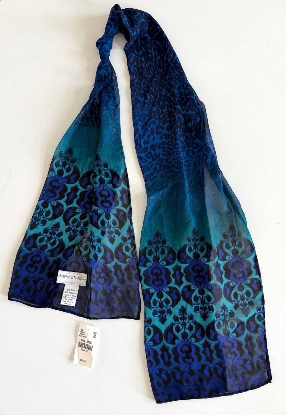 NWT Draper's & Damon's Blue Leopard Ikat Sheer Scarf
